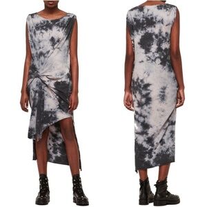 NWT All Saints Dyetie Riviera Draped Asymmetric Tie Dye Navy Black Tshirt Dress